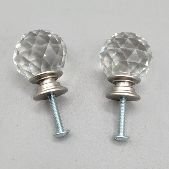 Faceted Crystal Glass Round Drawer Knobs Brushed Silver Base Set of 2 - Picture 1 of 6